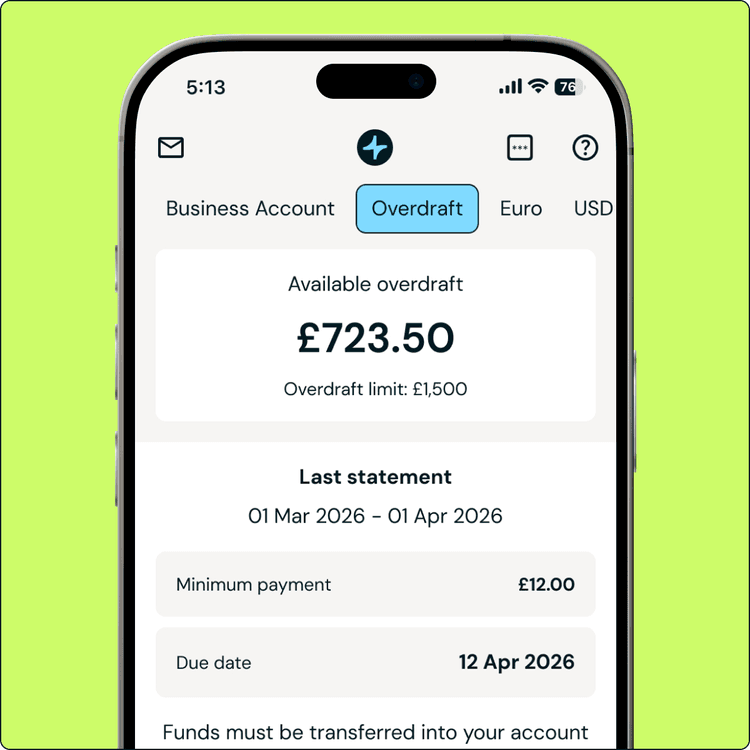 Business Overdraft being shown on the Zempler Bank App