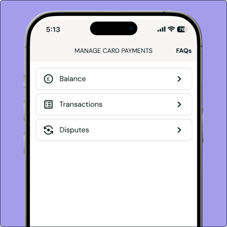Manage card payments screen on the Zempler Bank App