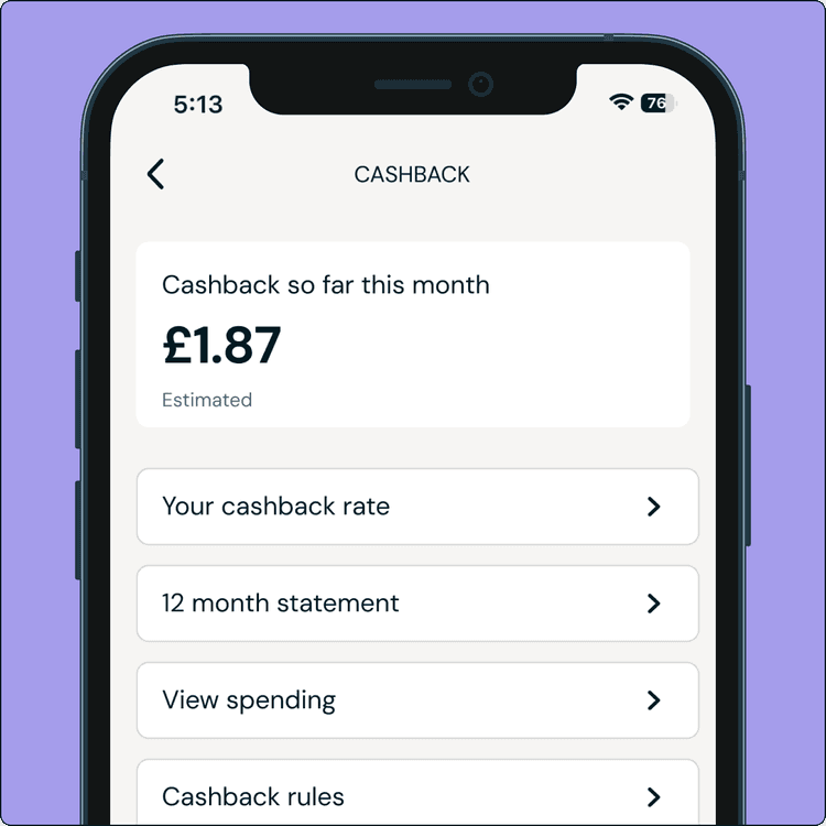 Cashback being shown on the Zempler Bank App